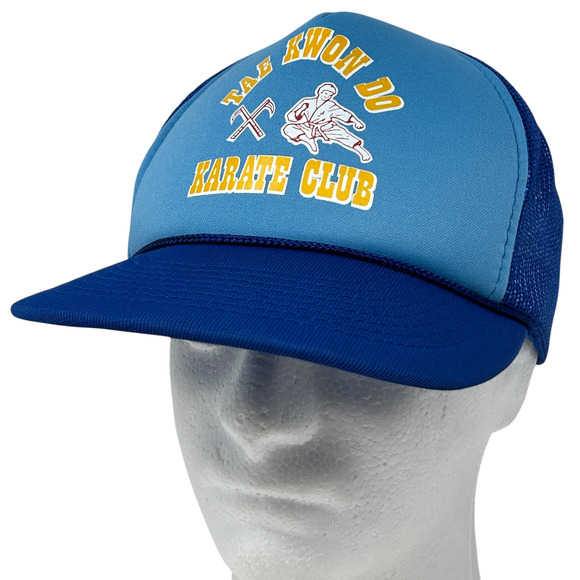 Vintage 80s Tae Kwon Do Karate Club Trucker Hat Cap Blue Mesh Snapback 5 Panel - Picture 1 of 9